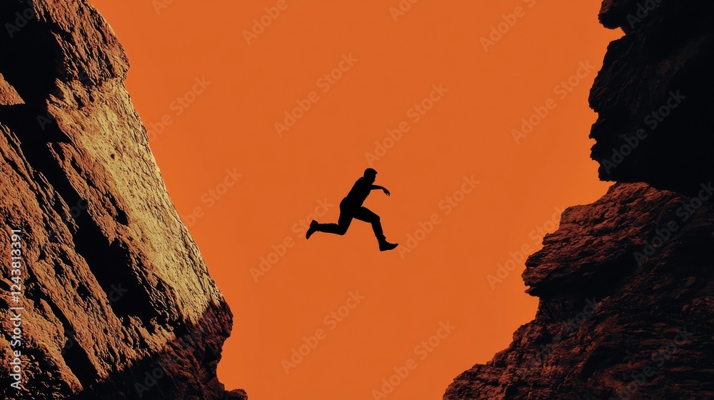 Daring leap across canyon adventurous landscape action shot sunset environment dynamic viewpoint freedom concept Daring leap across canyon adventurous landscape action shot sunset environment dynamic viewpoint freedom concept