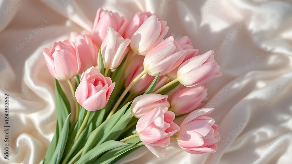 Beautiful bouquet of soft pink tulips elegantly arranged with delicate fabric, perfect for spring themes, floral designs, and romantic occasions. Beautiful bouquet of soft pink tulips elegantly arranged with delicate fabric, perfect for spring themes, floral designs, and romantic occasions.