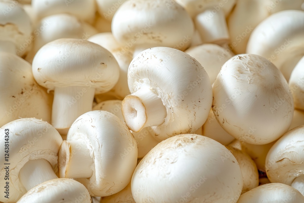 Close-up of numerous white mushrooms, creating a textured and inviting backdrop for food-related themes Close-up of numerous white mushrooms, creating a textured and inviting backdrop for food-related themes
