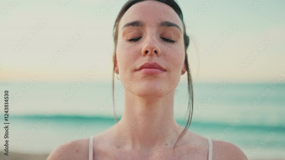 Close-up young athletic woman with long ponytail wearing beige sports top is standing eyes closed and relaxing on the sea background