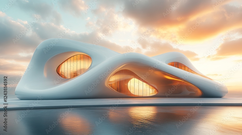 Futuristic coastal building sunset architectural render Futuristic coastal building sunset architectural render