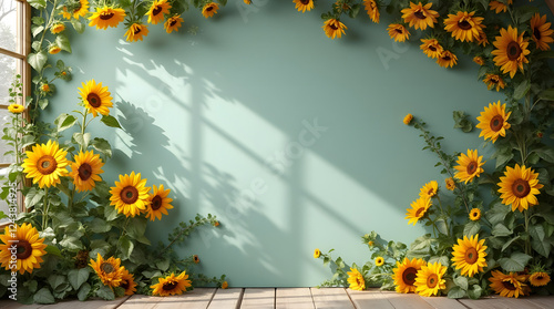 Photo shoot background: pregnancy, wedding, with delicate sunflowers and green vintage walls.