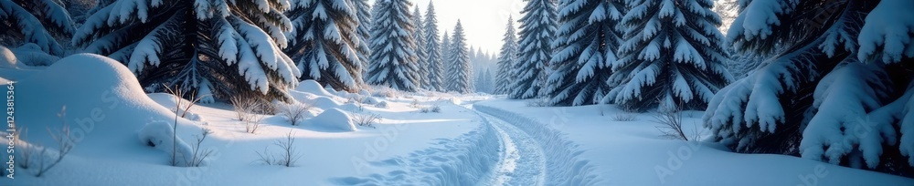 A frosty pine forest pathway winding through a snowy landscape, Serene, Nature A frosty pine forest pathway winding through a snowy landscape, Serene, Nature