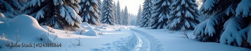 A frosty pine forest pathway winding through a snowy landscape, Serene, Nature
