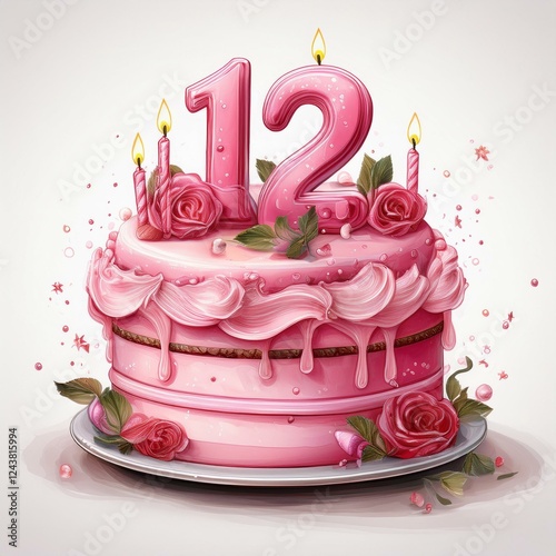 Illustration of decorated pink cake for birthday or anniversary party. Number 12, twelfth birthday celebration photo