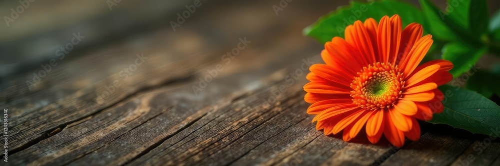 Single orange gerbera on a wooden table with greenery, leaves, details Single orange gerbera on a wooden table with greenery, leaves, details