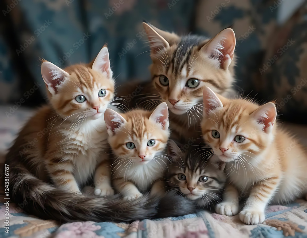 Adorable Kitten Family Group Cute Cat Photo Adorable Kitten Family Group Cute Cat Photo