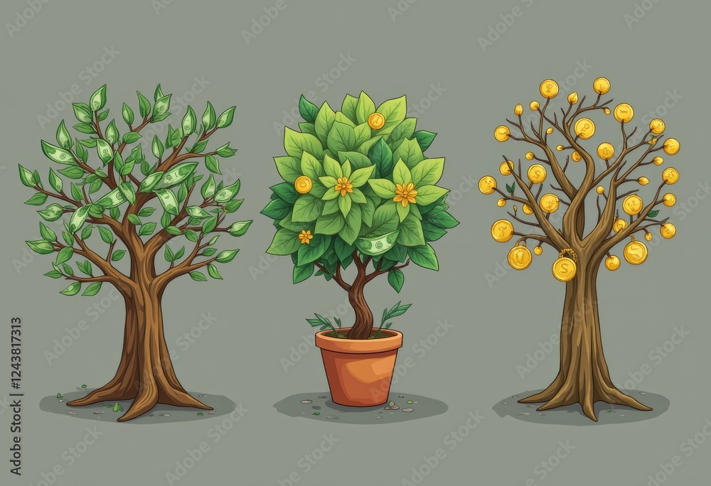 Three imaginative trees growing money including one with dollar-shaped leaves, one with gold coins and flowers, and one with branches full of coins Three imaginative trees growing money including one with dollar-shaped leaves, one with gold coins and flowers, and one with branches full of coins