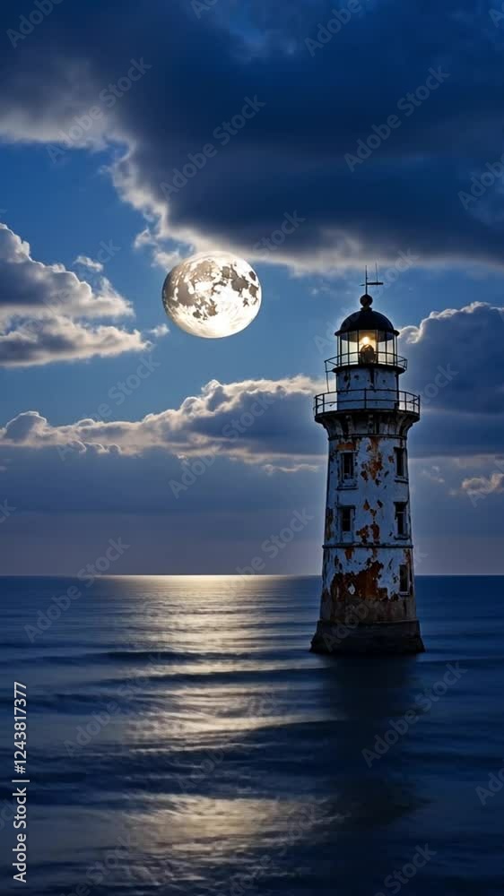 Stockvideon A beautiful seaside scene with the full moon reflecting on ...