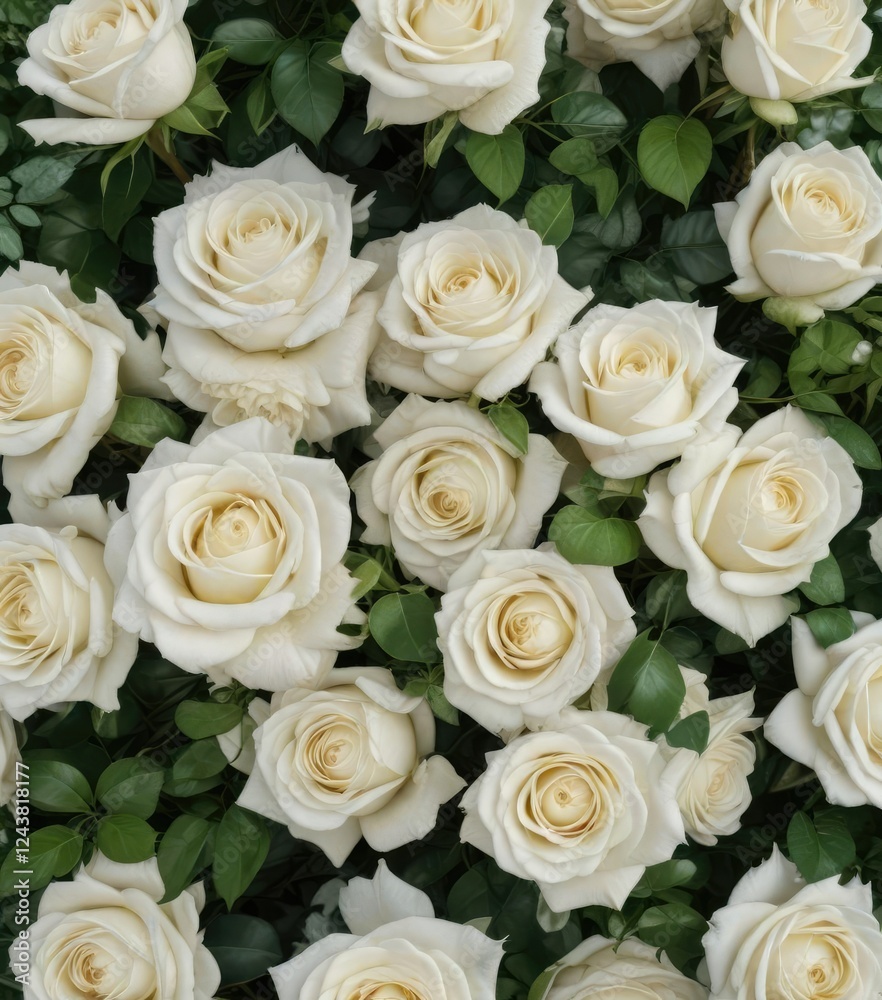 Fototapeta premium Vertical composition of white roses with green foliage creating a serene natural background, environment, peaceful, sunny, plants, outdoors