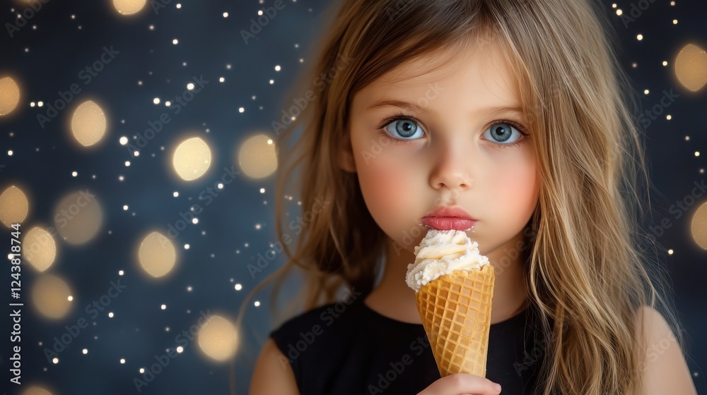 A little girl with sparkling eyes licking an ice cream cone, dreamy fairytale background, magical lighting A little girl with sparkling eyes licking an ice cream cone, dreamy fairytale background, magical lighting