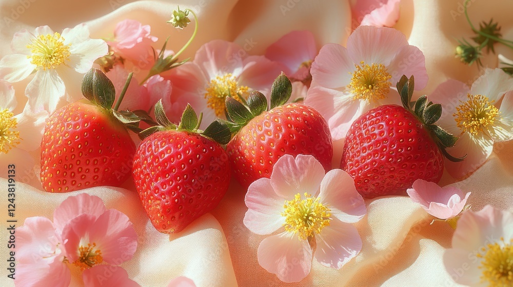 Sunlit Strawberries & Flowers on Silk Sunlit Strawberries & Flowers on Silk
