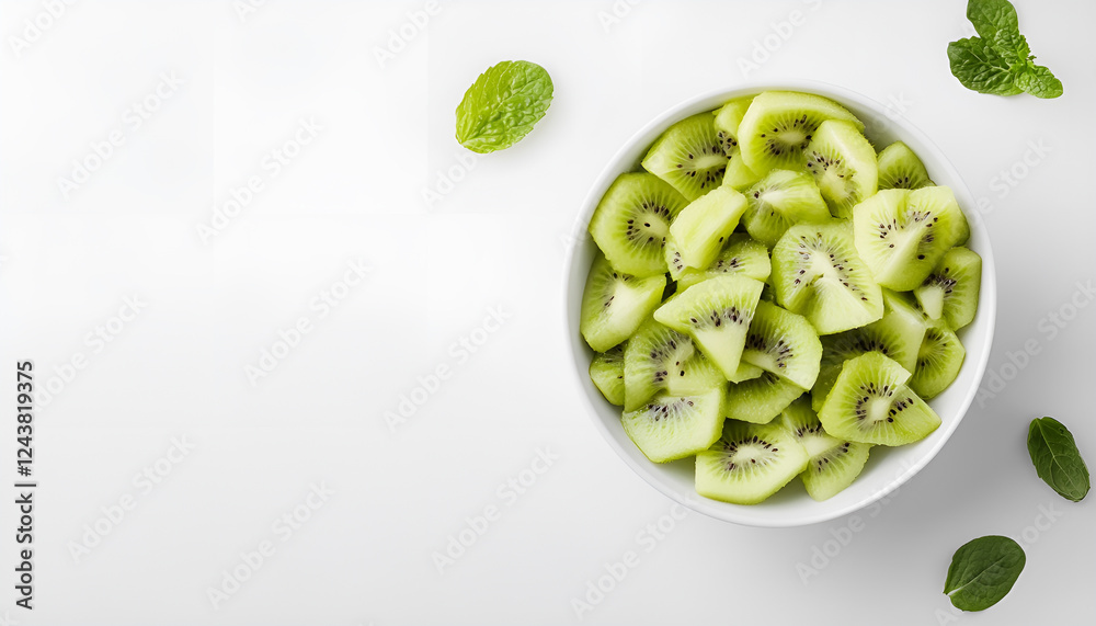 Bowl with kiwi slices on white table. Space for text Bowl with kiwi slices on white table. Space for text