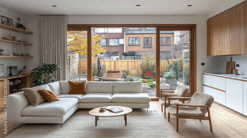 Fototapeta premium Modern living room autumn garden view