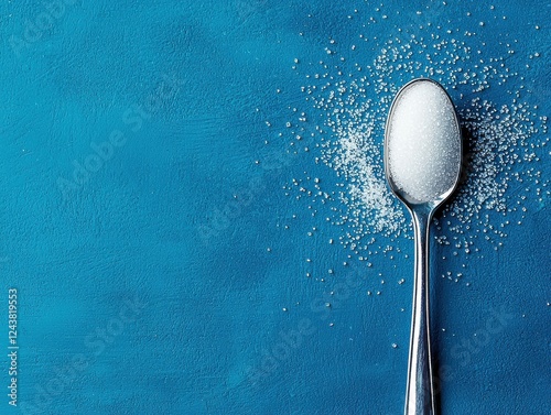 Close-up of a silver spoon with sugar on a blue background.