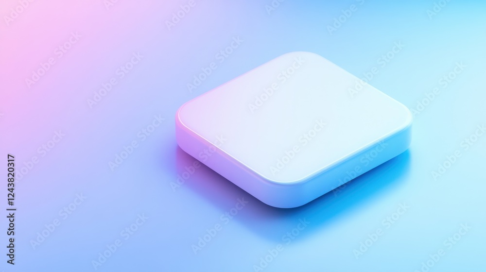 Minimalist White Button with Neon Glow. A 3D render of a white, rounded square button casting a soft neon glow on a gradient pink and blue background Minimalist White Button with Neon Glow. A 3D render of a white, rounded square button casting a soft neon glow on a gradient pink and blue background