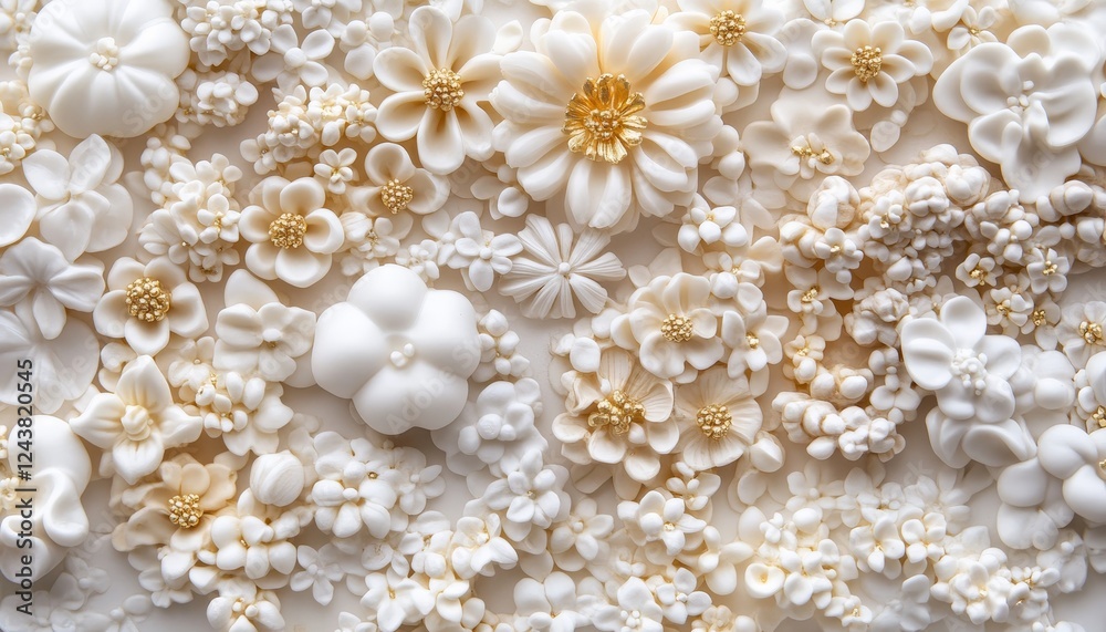 Elegant White Clay Floral Arrangement with Small Gold Centers on White Textured Background Elegant White Clay Floral Arrangement with Small Gold Centers on White Textured Background