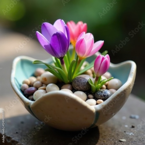 Forget me nots in a small tulip shaped bowl with pebbles and shells, me, gardening photo