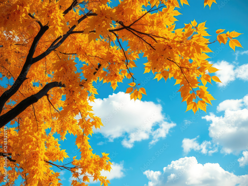 Vibrant yellow autumn leaves on branches against blue sky, nature, seasonal Vibrant yellow autumn leaves on branches against blue sky, nature, seasonal