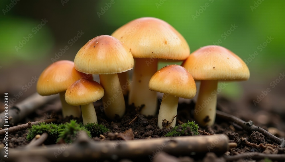 Fresh champignon mushrooms sit among wooden twigs, earthy, nature Fresh champignon mushrooms sit among wooden twigs, earthy, nature