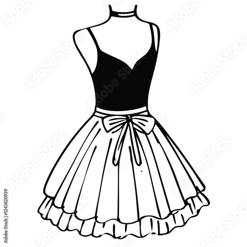 Minimalist line-art illustration of an elegant sleeveless dress with a fitted bodice 