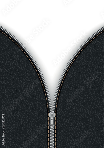 Black leather texture background with zipper. Open zipper on leather.