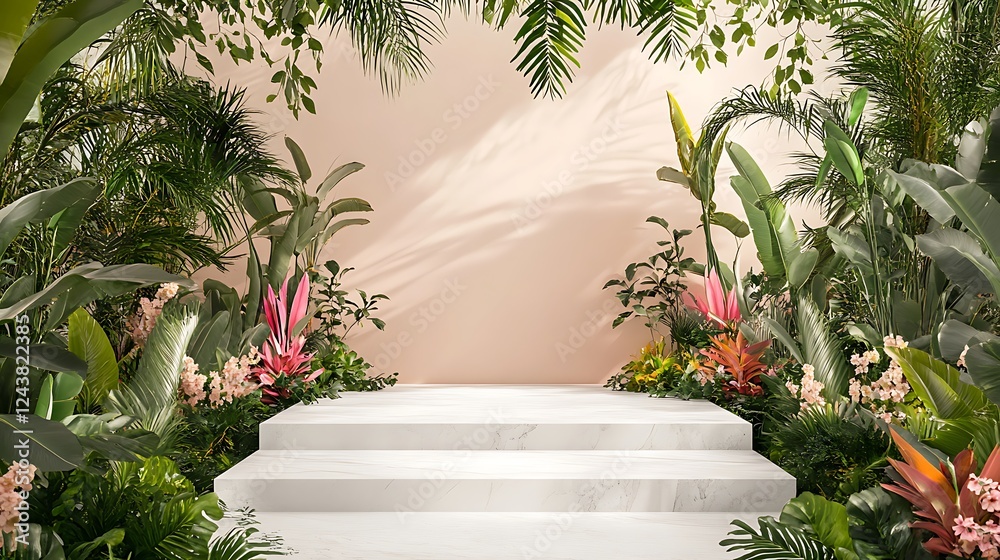 White Marble Steps Surrounded By Lush Tropical Foliage White Marble Steps Surrounded By Lush Tropical Foliage