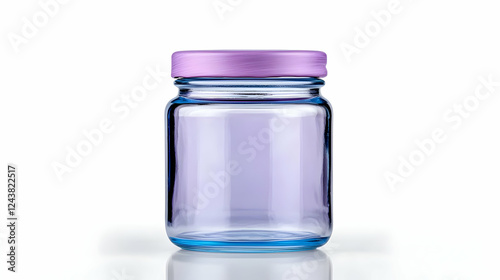 Empty glass jar, purple lid, white background, studio shot, product packaging