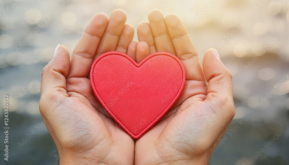 Obraz premium Hands holding red heart against blurred water background