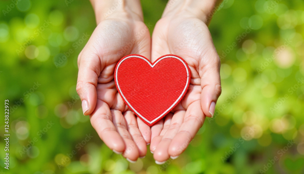 Hands holding red heart against blurred green background Hands holding red heart against blurred green background