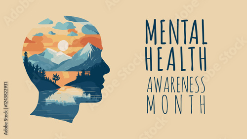 Vector mental health awareness month banner with man profile filled with serene mountains for calm