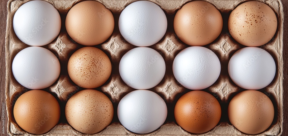 Organic brown and white eggs arranged in a rustic carton, celebrating simplicity and natural goodness with warm, soft lighting Organic brown and white eggs arranged in a rustic carton, celebrating simplicity and natural goodness with warm, soft lighting