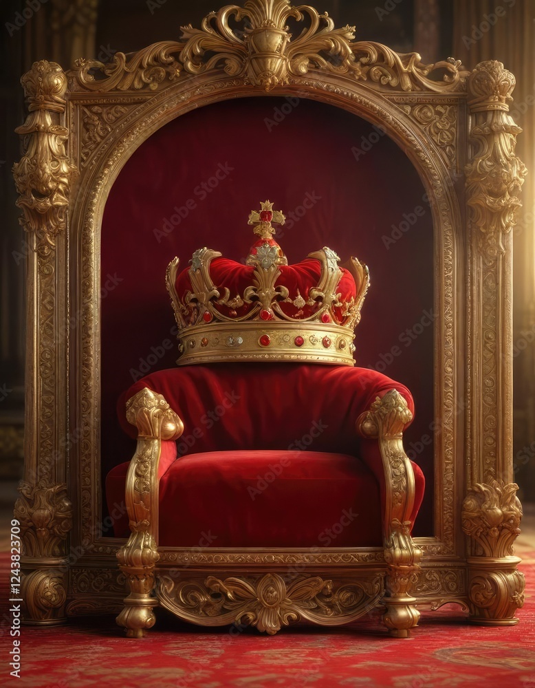 Warm sunlight pours into the room illuminating the lavish gold coronation crown positioned on top of plush red velvet in an ornate wooden frame, warm, gold Warm sunlight pours into the room illuminating the lavish gold coronation crown positioned on top of plush red velvet in an ornate wooden frame, warm, gold