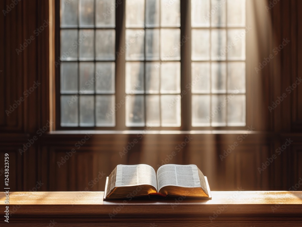 An open book on a table with sunlight streaming through a window. An open book on a table with sunlight streaming through a window.