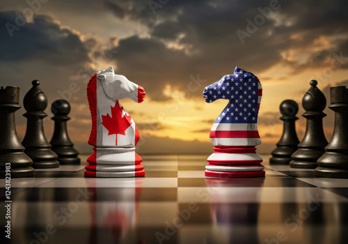 Wallpaper Mural canada and us trade war ,chessboard with the pieces positioned engaged in strategic battle, political and economic  conflict, sunset backdrop, Torontodigital.ca