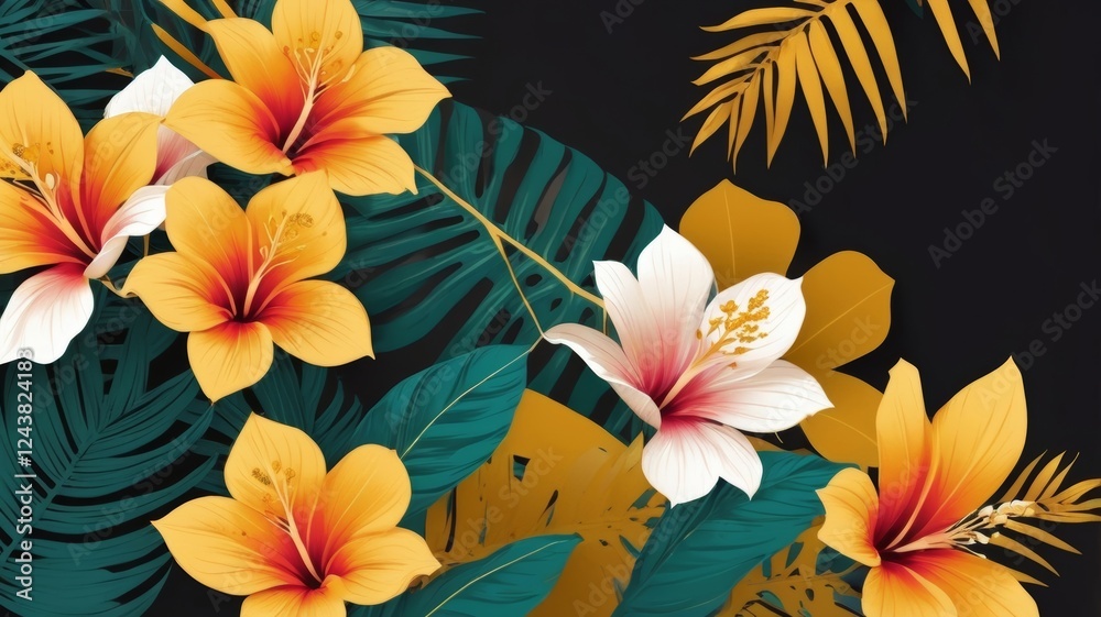 Obraz premium Vibrant tropical flowers and lush green leaves beautifully contrast against a sleek black background.