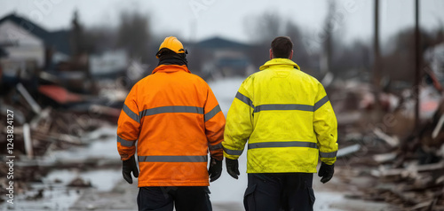 Emergency responders assess damage in disaster area, wearing bright jackets. Their focused expressions reflect seriousness of situation as they navigate through debris photo