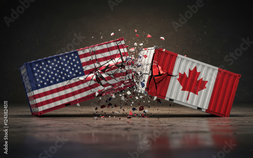canada and us trade war ,shipping containers colliding and exploding mid-air metallic shreds, political and economic fight for power worldwide
