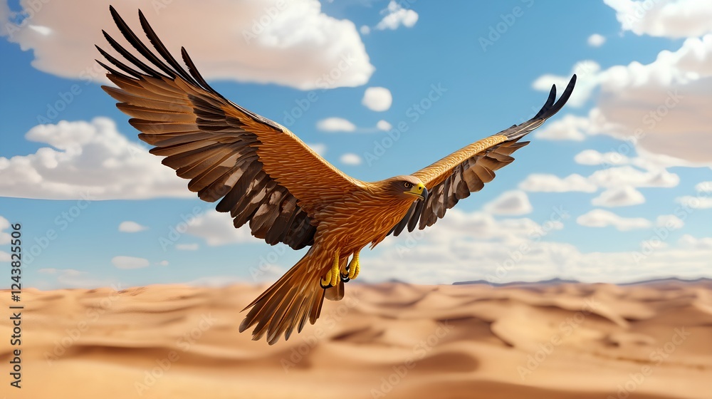 Fototapeta premium Majestic Eagle Soaring Over Golden Desert Landscape Against Blue Sky