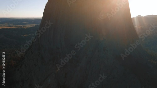 Drone Shot of Devils Tower: Majestic Monolithic Volcanic Butte in Wyoming