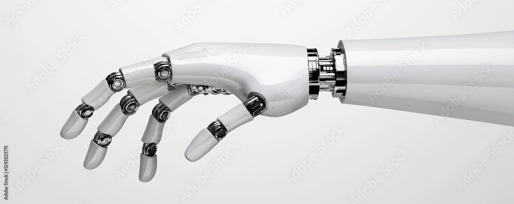 White and silver robotic hand in a natural gesture, representing AI-human collaboration and futuristic technology White and silver robotic hand in a natural gesture, representing AI-human collaboration and futuristic technology