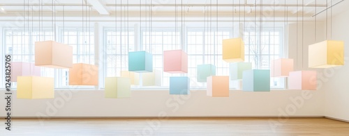 Acoustic ceiling sound absorb. A serene gallery space featuring suspended pastel-colored cubes, creating a vibrant yet calming ambiance under natural light. photo