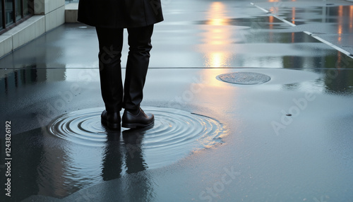 Person standing in rain creating ripples in puddles, minimalist beauty