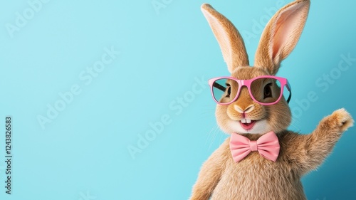 Happy Easter tradition. A stylish rabbit wearing glasses and a bow tie against a blue background. photo