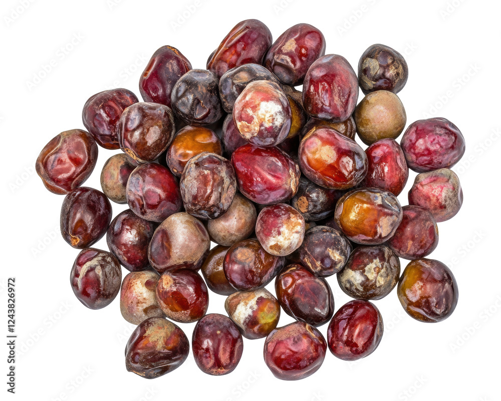 Obraz premium A pile of colorful, round fruits resembling jujubes, showcasing their varied textures and colors.