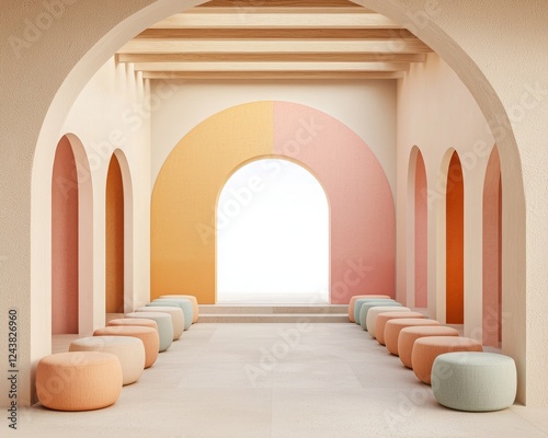 Acoustic ceiling sound absorb. A serene interior space featuring soft pastel arches and circular seating, creating a modern, minimalist aesthetic. photo