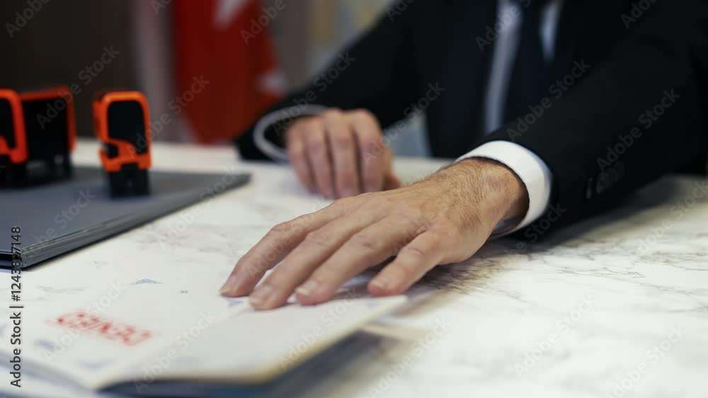 Canadian customs officer stamps denied in a passport, refusing traveler's entry