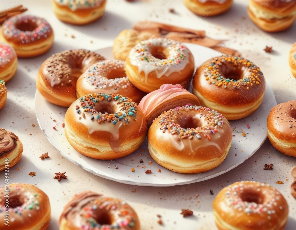 Whimsical watercolor illustration of donuts, cinnamon rolls, and baklava with sprinkles, sweets, pastries, whimsical Whimsical watercolor illustration of donuts, cinnamon rolls, and baklava with sprinkles, sweets, pastries, whimsical