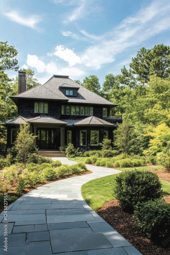 Beautiful modern house surrounded by lush greenery on a sunny day in a peaceful neighborhood offers a tranquil and inviting atmosphere for relaxation and enjoyment Beautiful modern house surrounded by lush greenery on a sunny day in a peaceful neighborhood offers a tranquil and inviting atmosphere for relaxation and enjoyment