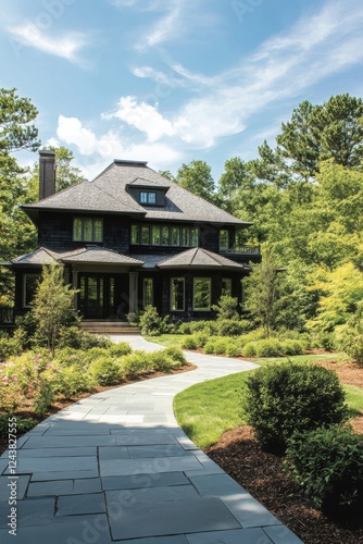 Beautiful modern house surrounded by lush greenery on a sunny day in a peaceful neighborhood offers a tranquil and inviting atmosphere for relaxation and enjoyment